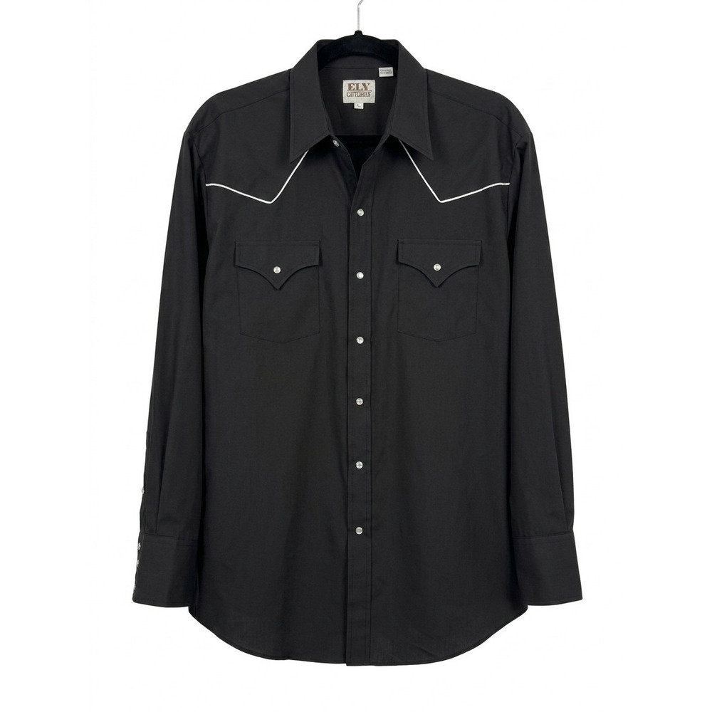 Ely Cattleman Mens Black Western Snap Shirt White Piping Long Sleeve XL